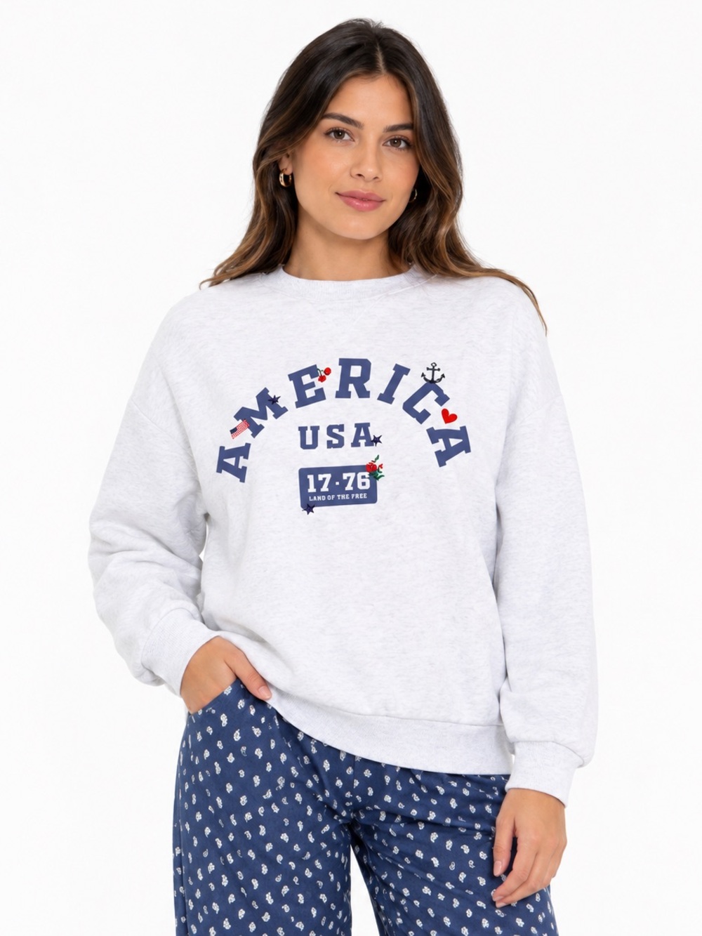 Special Thanks Women's Crewneck America Graphic Pullover Sweatshirt Gray Size M